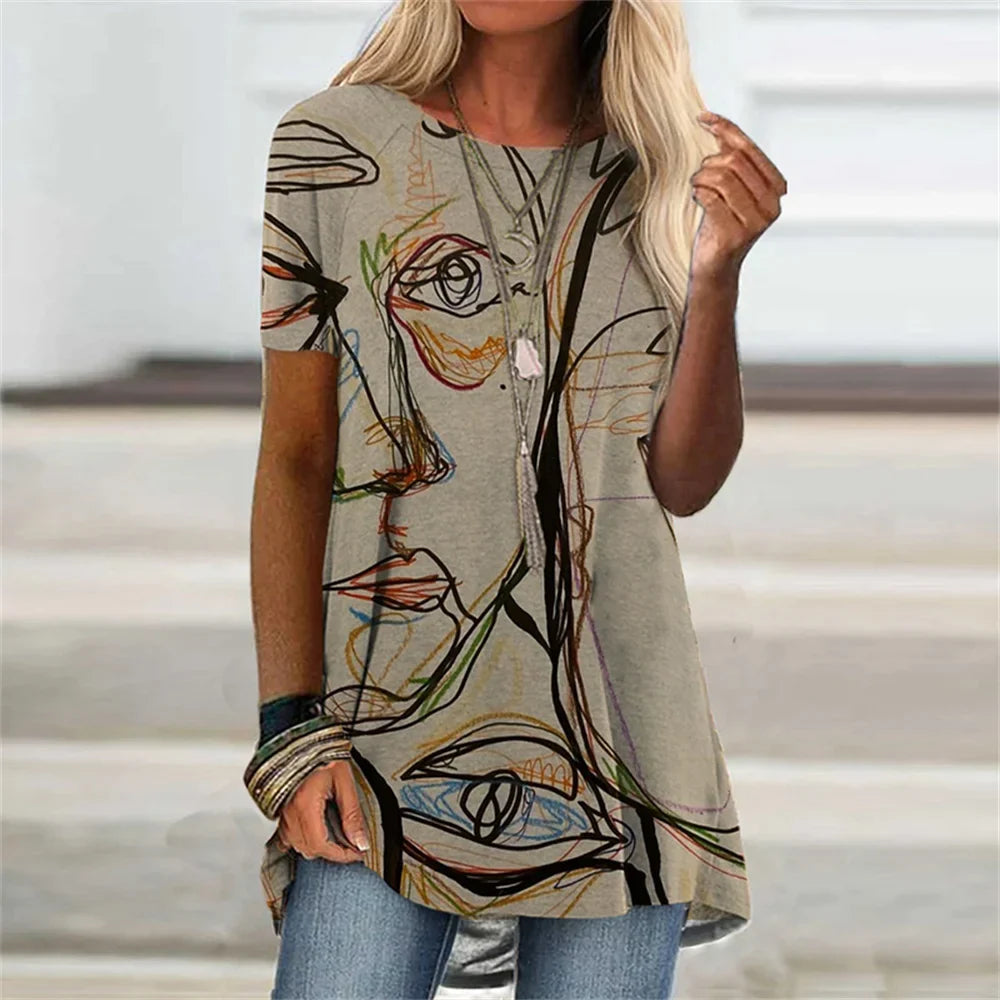 Abstract Face Graphic 3D Print T-shirt Summer Streetwear Retro Women Short Sleeve T Shirts Y2K Tops Woman Tee Oversized Clothing