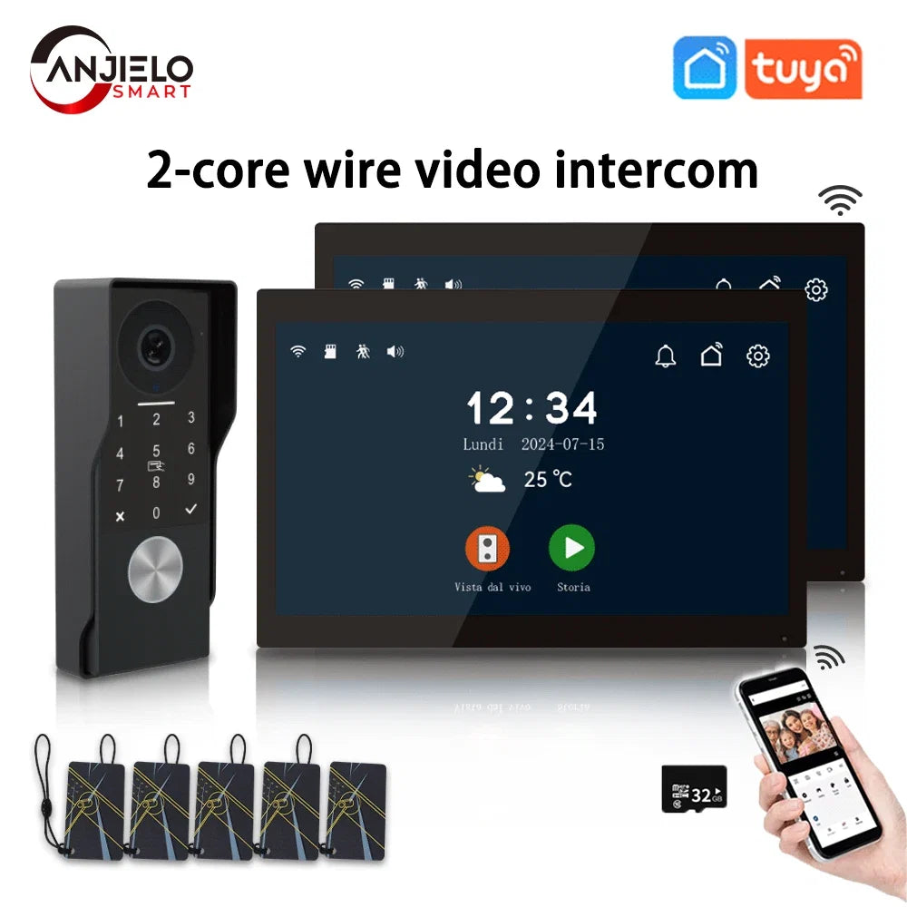 Anjielo 2-Wire TUYA Smart Video Intercom Doorbell Wired 1080P Waterproof Camera WIFI 7/10inch IPS Touch Screen Support IP CCTV