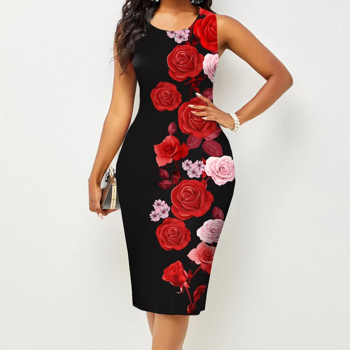 Spring and Summer, New Fashion Women Sleeveless Wrapped Hip Print Dress.
