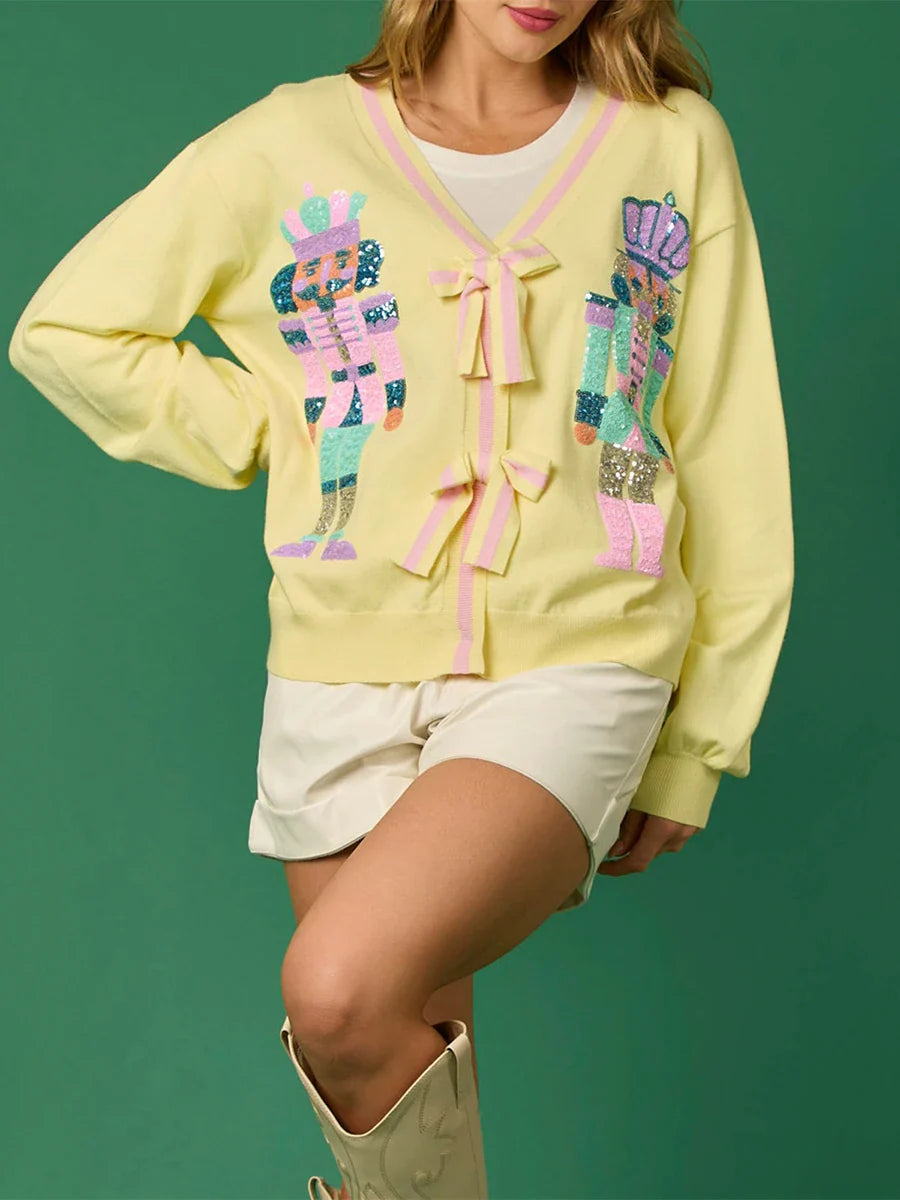 Women's Vintage Christmas Cardigan Sweater Glitter Sequin Nutcracker Pattern Long Sleeve V Neck Bow Button Down Knitwear Outwear
