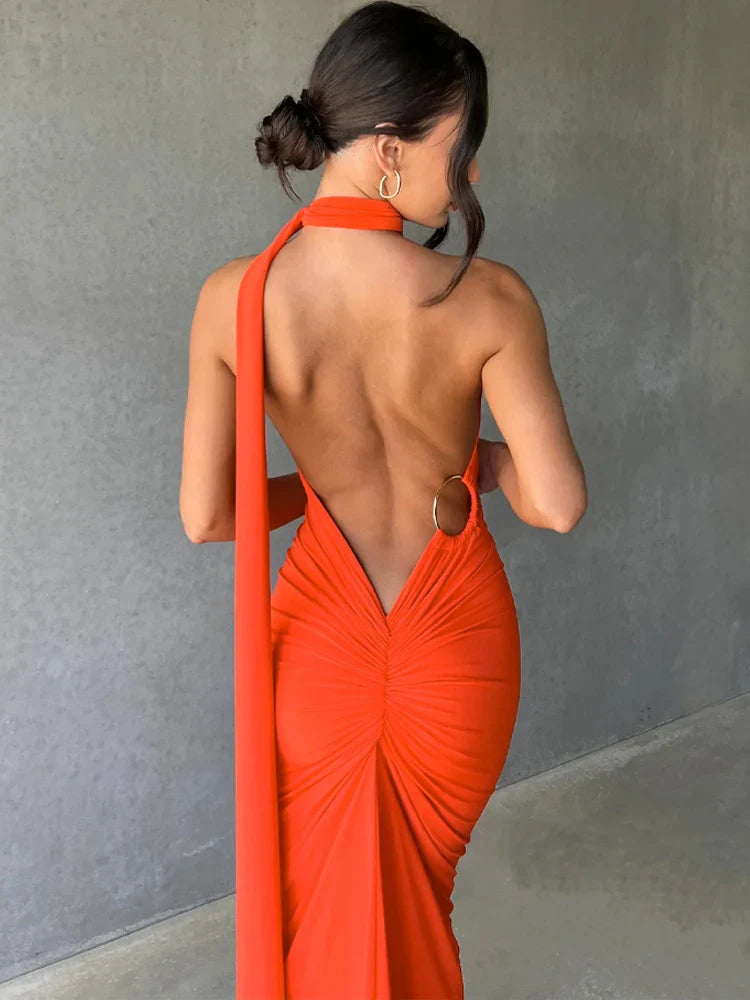 Hugcitar One Shoulder Backless Adjustable Scarf Loop Ruched Sexy Maxi Dress 2025 Women Elegant Y2K Streetwear Festival Outfit