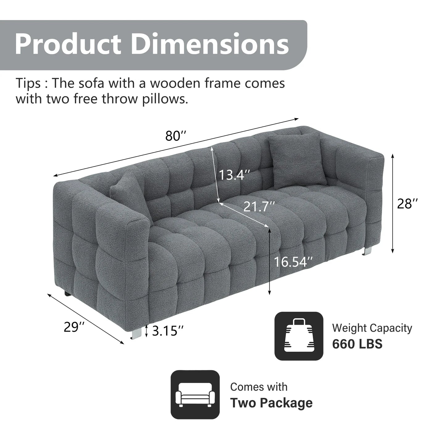 80-Inch Modern Teddy Fleece Sofa, With 2 Cushions 3-Seater  Sofa Suitable for Living Room Bedroom or Apartment Comfortable Deep-Set Leisure Furniture Wide Armrest Design Easy to Assemble
