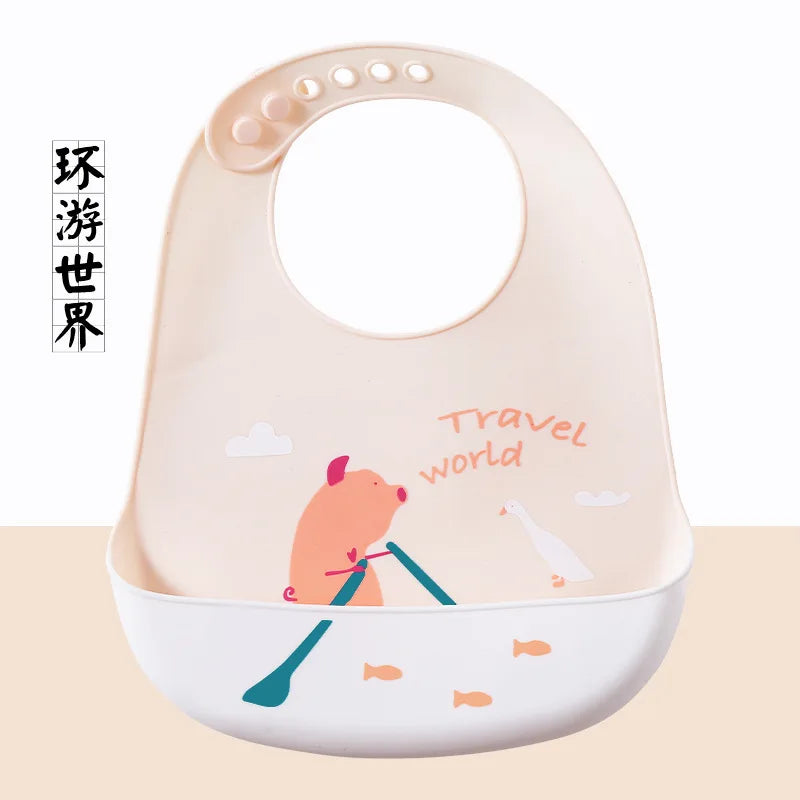 Cute Baby Bibs Waterproof Silicone Bib Infant Toddler Feeding Saliva Towel Cartoon Adjustable Children Apron with Pocket Scarf