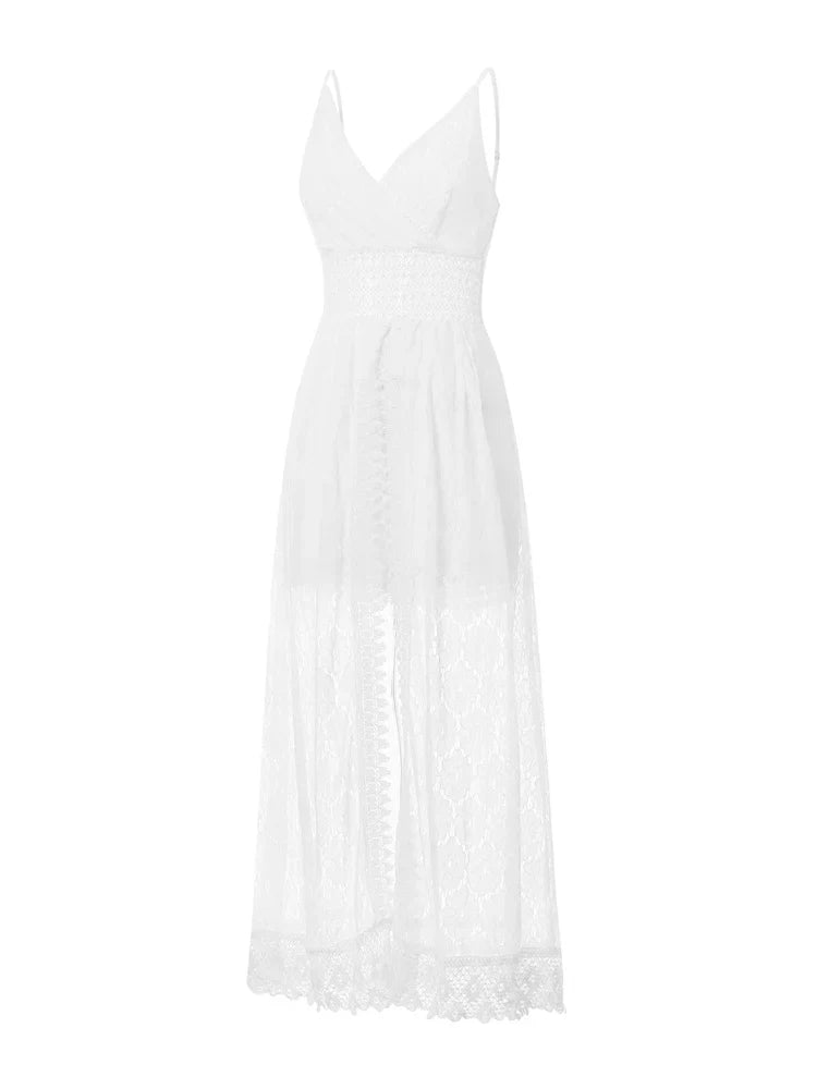 2025 Summer Women Lace Playsuit Dress Sleeveless V Neck Hollow Out Irregular Midi Dress Sexy Elegant Casual Bohemian Dresses