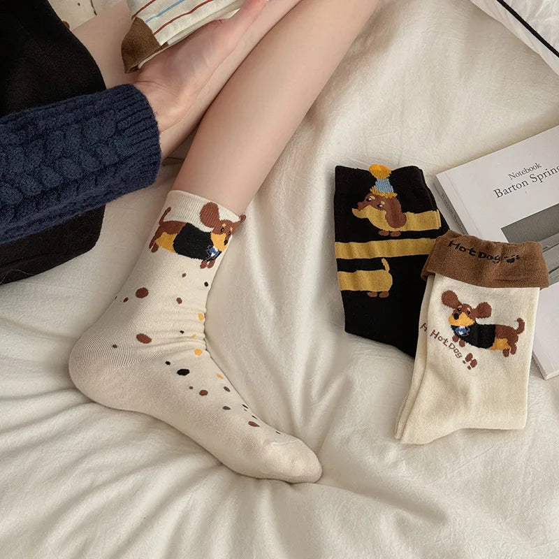 4 Pairs Women's Cartoon Dog Socks Korean Foldable Two-Wear Sweatproof Cotton Oxford Mid-Calf Socks for Fall and Spring