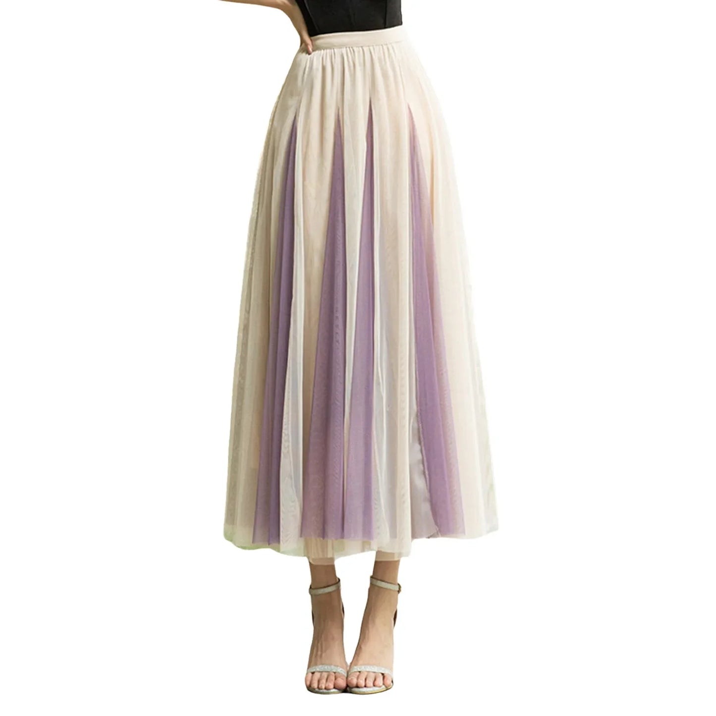 Women Color Block A-line Skirt Mid Length Drape Feeling High Waist Slim Mesh Skirts Carnival Festival Party Performance Costume