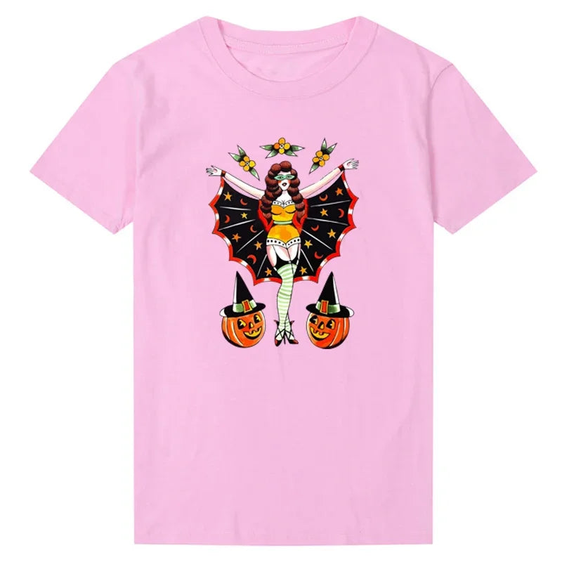 2024 Funny Pumpkin Face Floral Sexy Ladies T Shirt Women  Halloween Clothes Fall Festival T-shirt WomenTop