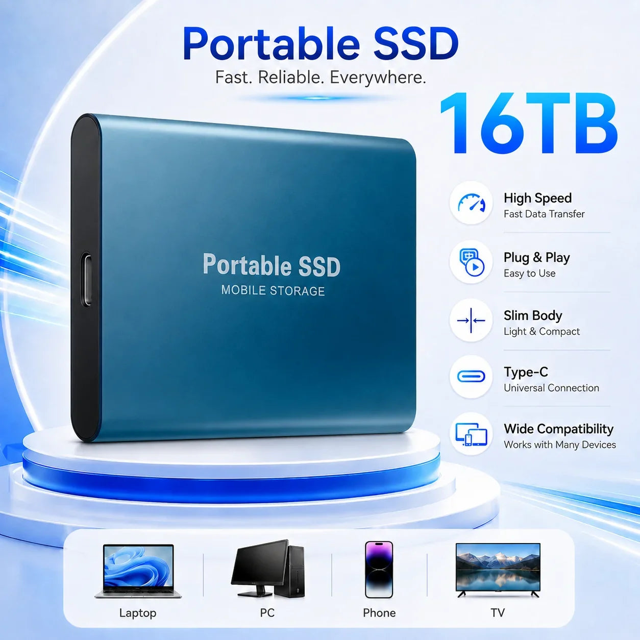 2TB External Hard Drive 4TB Portable SSD USB-C High-Speed Storage Disk for File Backup Compact & Durable