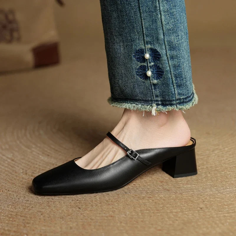 2026 New Summer Women Mules Genuine Leather Women Shoes Squared Toe med Heel Cover Toe Slingback Shallow Modern Slippers