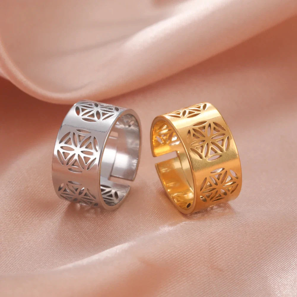 Skyrim Flower of Life Ring Women Stainless Steel Gold Color Sacred Geometry Open Adjustable Aesthetic Rings 2024 Jewelry Gift