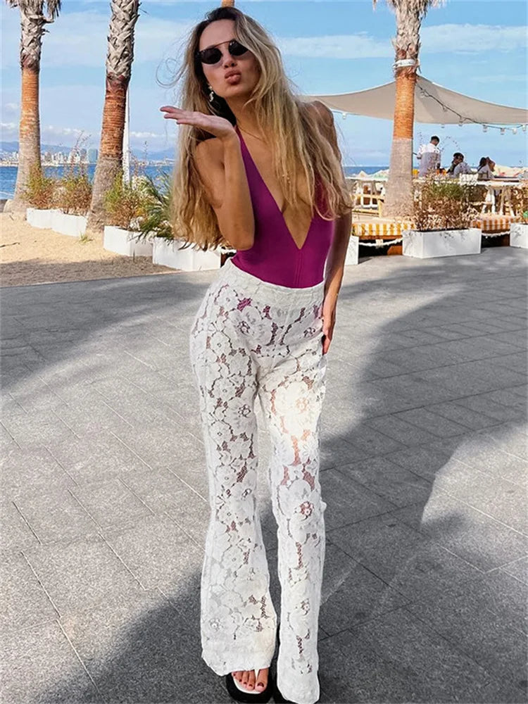 Tossy White Printed High Waist Straight Legg Women Patchwork Hollow Out Fashion See-Through Lace Women's Pants Summer Clothes