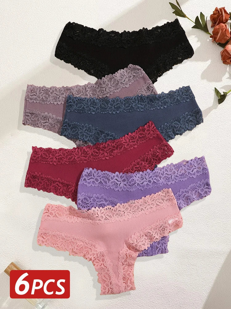 6PCS/Set Women Sexy Lace Brazilian Panties, Low-Waist Elastic Underwear S-XL.
