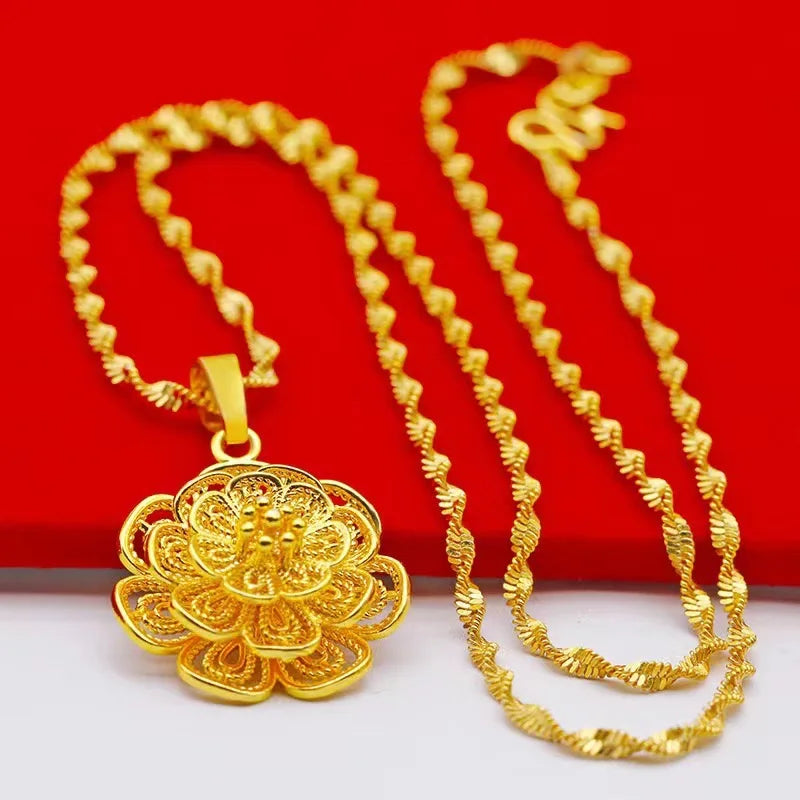 24K Gold Color Flower Pendant Necklaces for Women 18 Inch Water Wave