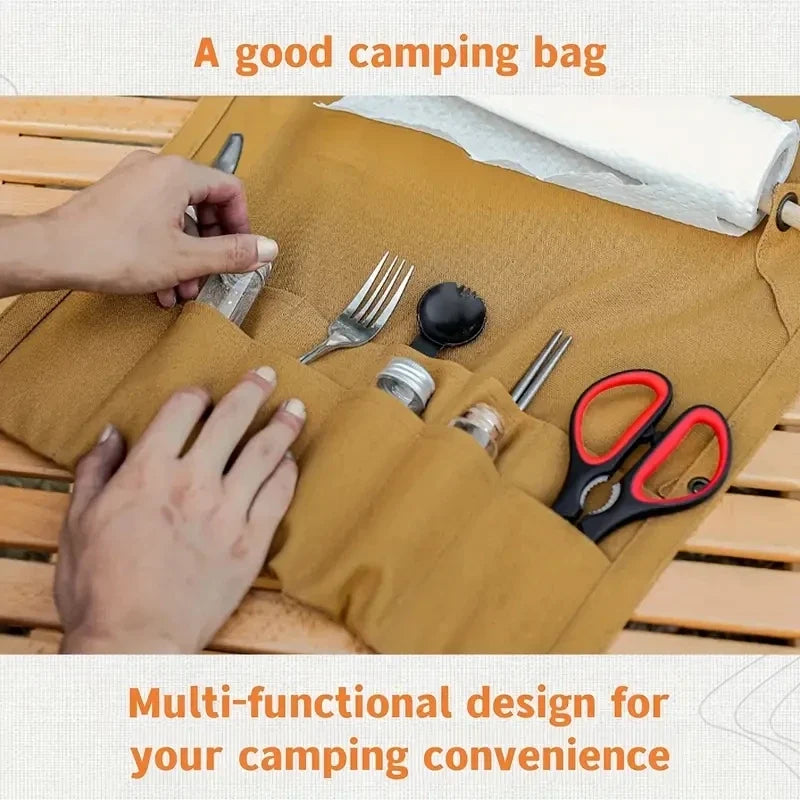 Outdoor Canvas Utensil Organizer Wall Mounted Paper Towel Organizer Picnic Camping Hiking Accessories  Camping Equipment