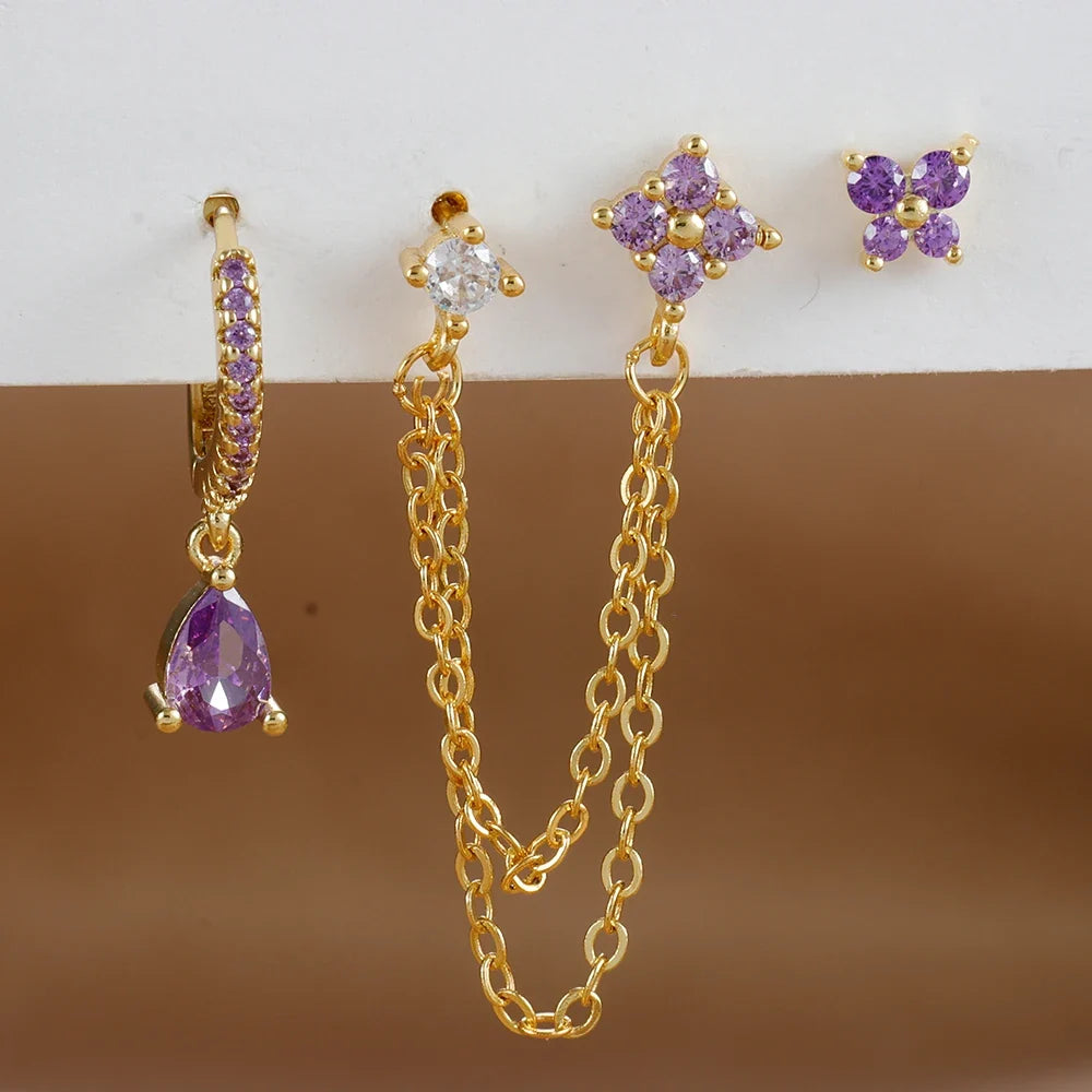 3PCS Set Stainless Steel Crystal CZ Butterfly Ear Stud Earring Gold
