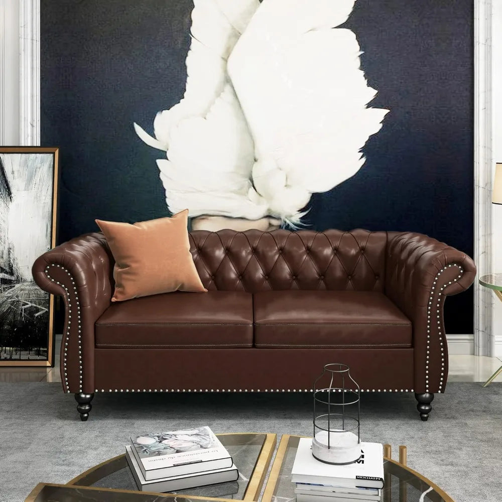 3-Piece Chesterfield Leather Sofa Set, with Scroll Arms & Nail,Head Trim, Dark Brown Living Room Furniture.