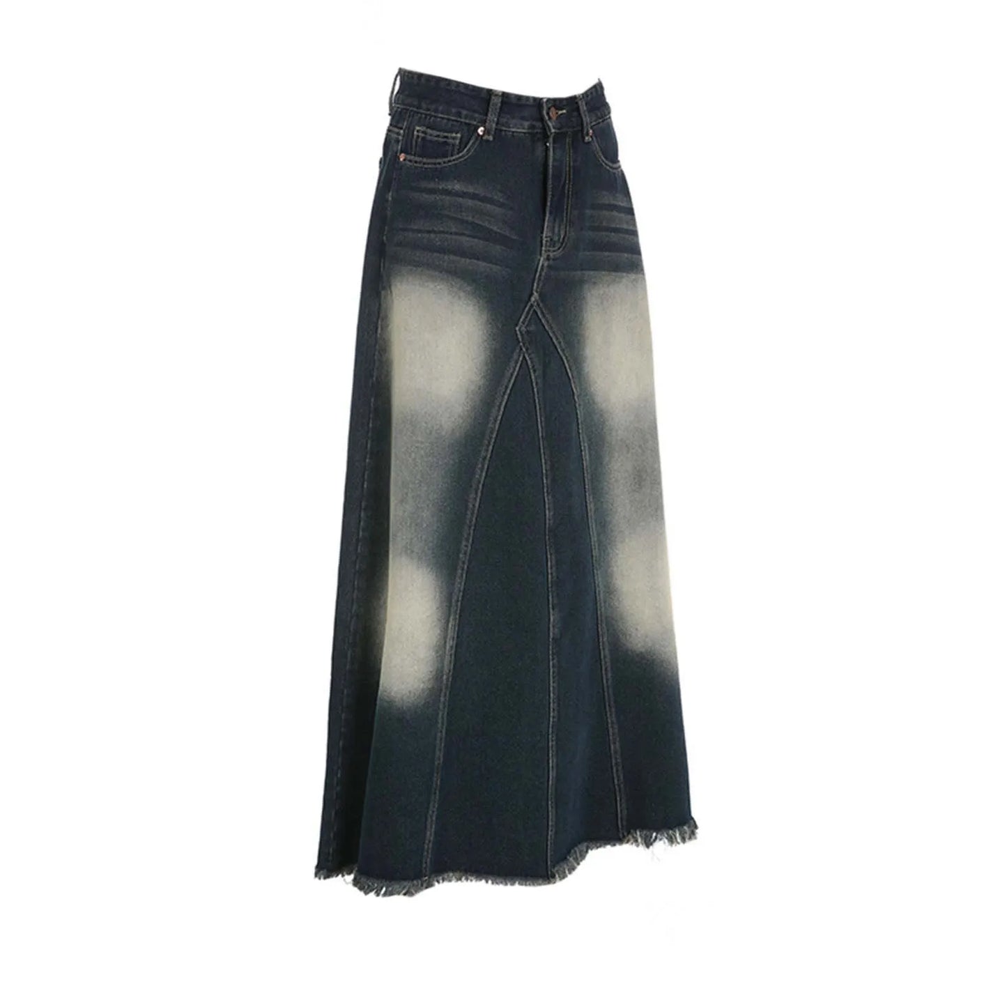 Vintage Denim Skirts For Women High Waisted Distressed Washable Blue A Line Dress High Street Style Fringe Hem Long Half Skirts