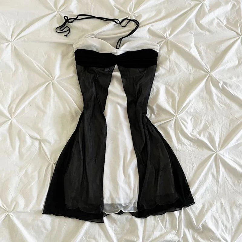 Gothic Harajuku Vintage Y2K Women's Dress Sexy Slim Chic Casual Lace-up Design Halter Neck Dresses Punk Rock Emo Girl Streetwear