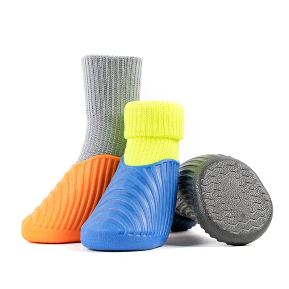 4PCS Dog Shoes Waterproof Fall Winter Pet Snow Boots Puppy Sock Shoes with Antislip Sole Soft Comfortable Dog Paw Protector