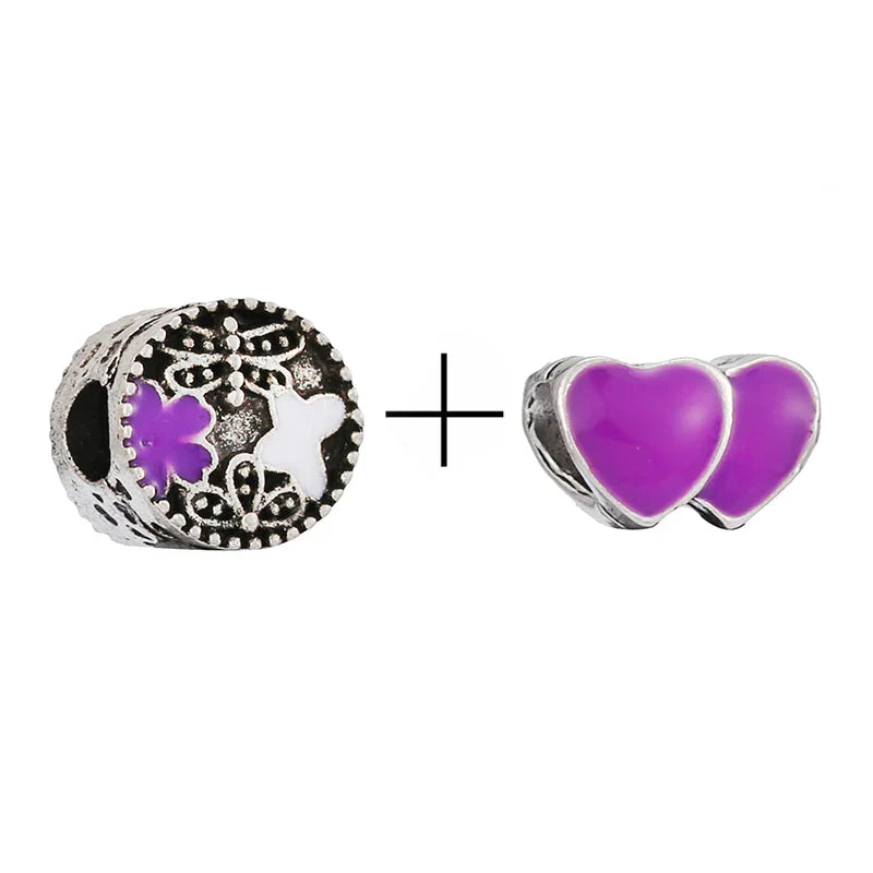 BRACE CODE 2Pcs/Lot Pan Spring New Purple Charm Love Floral Diy Beads Pendant Making Men's Women's Children's Fine Bracelets