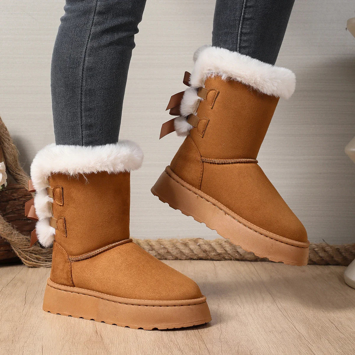 Bow Round Toe Elegant  Flat Wear-resistant Warm Women's Shoes