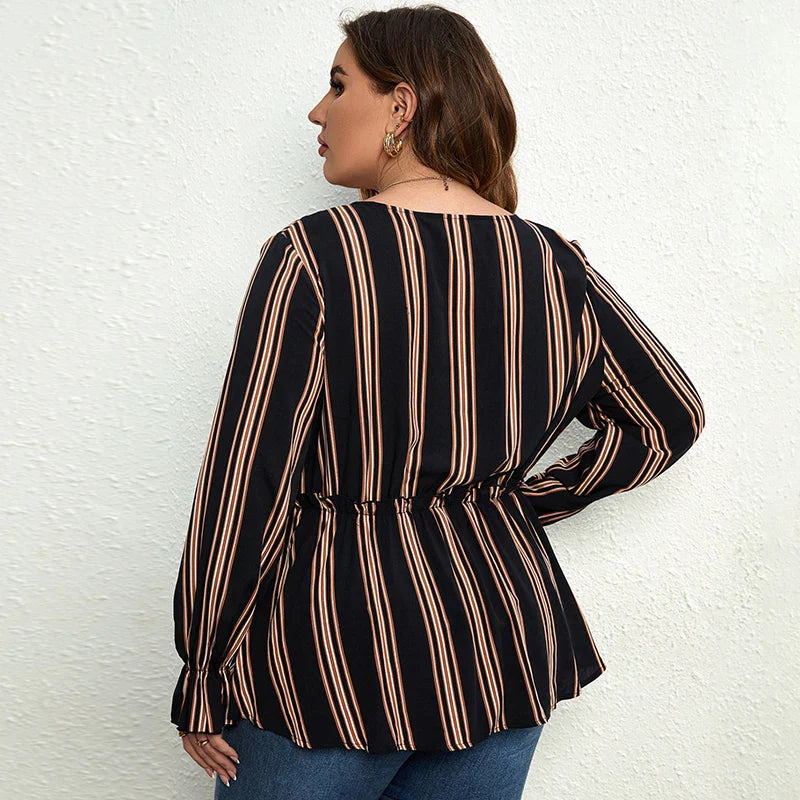 Della Mel Women Plus Size Vintage Long Sleeve Tops Striped Print Wrap V-Neck Loose Ruffles Elastic Waist Peplum Blouses 3XL 4XL