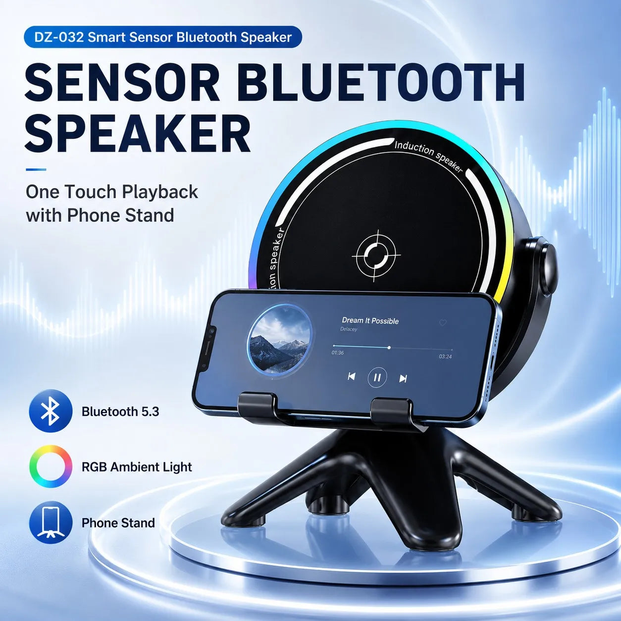 Wireless Sensor Bluetooth Speaker 5.3, HiFi 9D Sound RGB Light Long Battery Phone Stand for iPhone Samsung Xiaomi