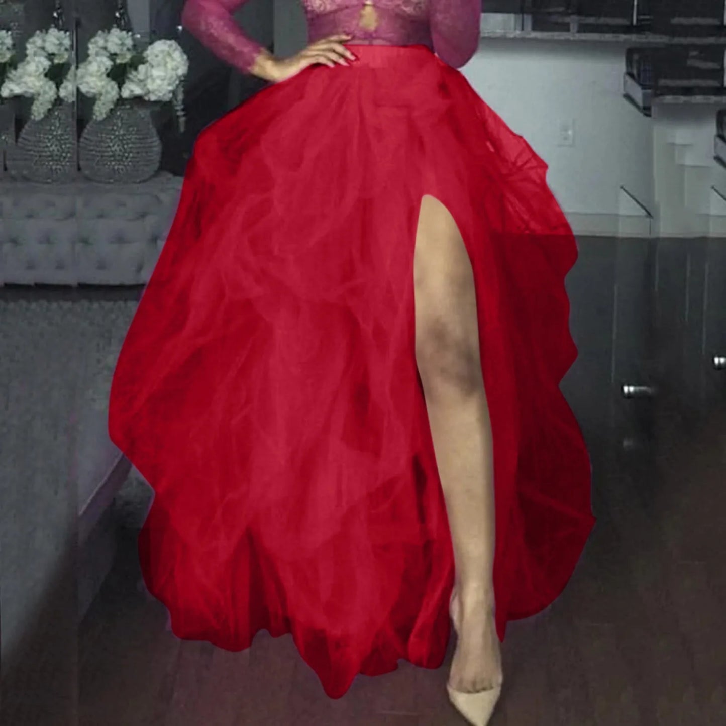 Carnival Tulle Skirts Elastic Waist Layered Puffy Skirt Princess Petticoat High Slit Party Wedding Mesh Tutu Long Skirt Faldas