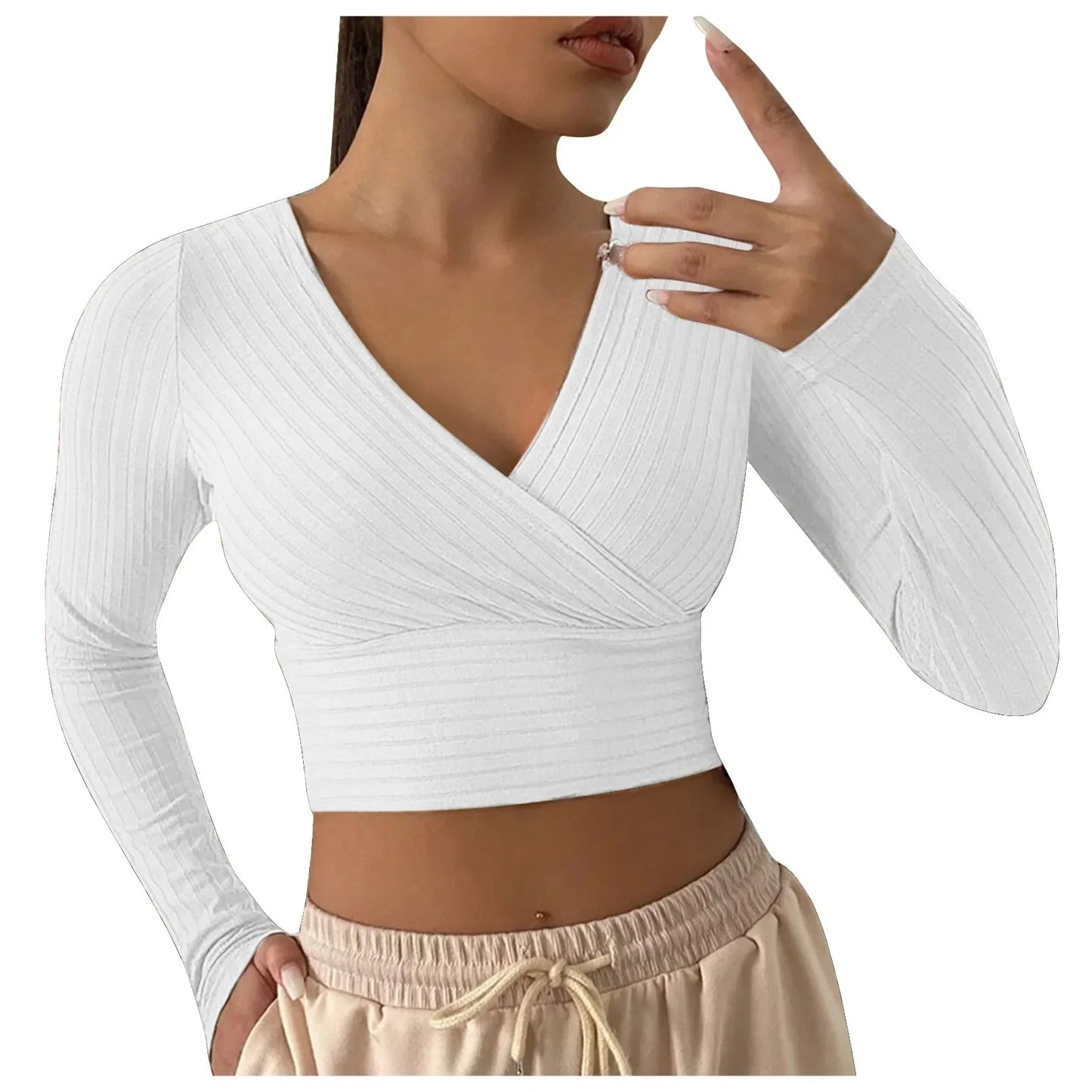 Sexy Cross Wrap V Neck Ribbed Knit T Shirt Women's Crop Tops Sexy Slim Fit Solid Spring Fall Long Sleeve Y2k Clothes Pink Tops