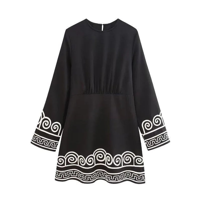 ZBZA Women's Embroidery Patchwork Dress Round Neck Long Sleeve Back Button Pleated Mini Shirt Skirt Autumn Female Chic Dresses