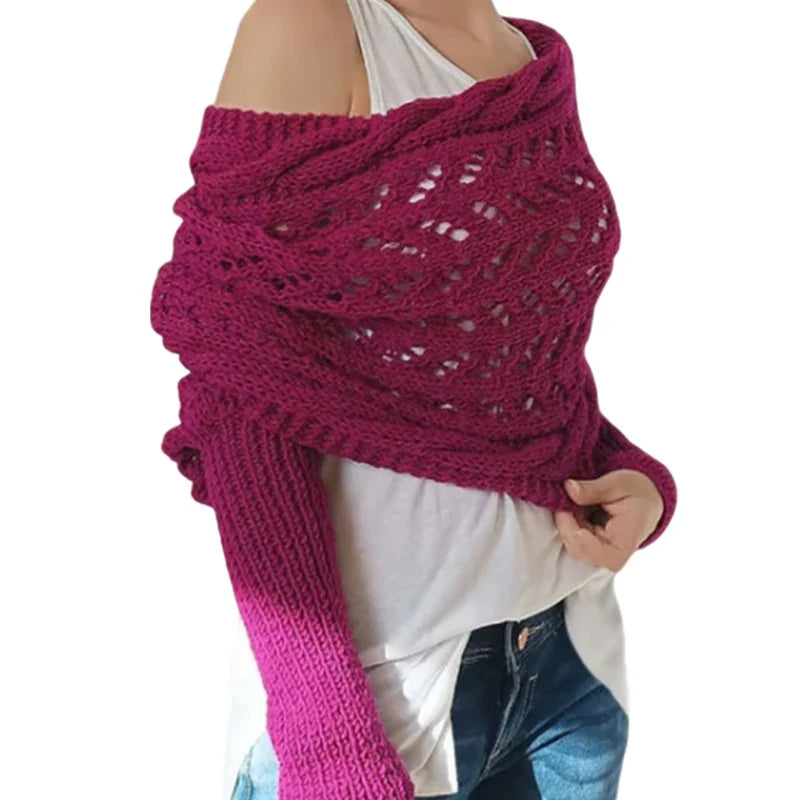 〔CC88〕Autumn and Winter Long Shawl Knitted Hollow Out Fashion Casual Wraps Shoulder Sweater Scarf with Lengthened Double Sleeves