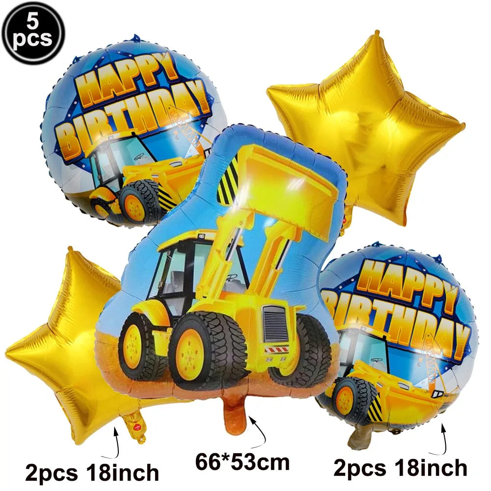 5pcs Construction Themed Balloon Carton Vehicle Balloon Excavator Forklift Crane Balloons for Boy's Construction Birthday Party