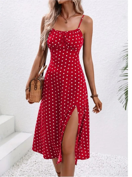 2024 Summer Sexy Spaghetti Straps Dress Women Fashion Polka Dot Print Sleeveless Slit Dress Boho Casual Beach Midi Dresses