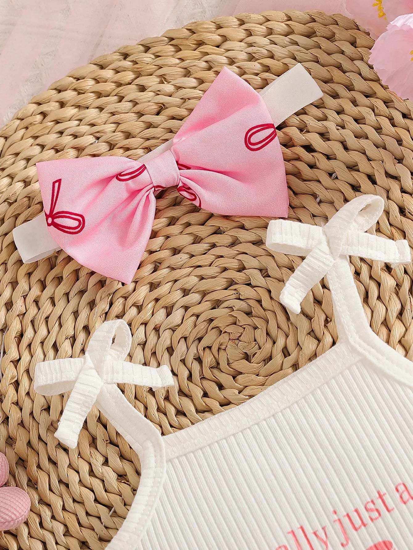 Baby girl summer cute bow decoration camisole printed bow ribbed white romper with white bow, color-contrast pink bow all-over p
