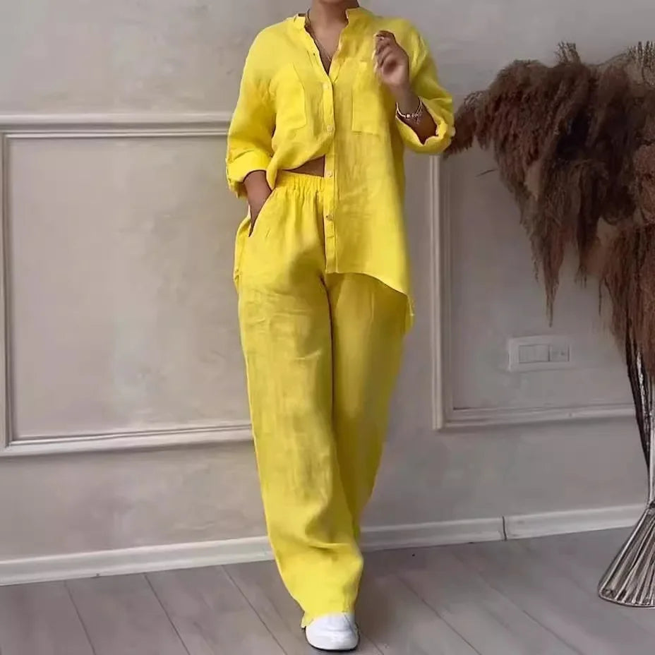 Autumn Cotton And Linen Pant Sets Women Fashion Long Sleeve Shirts Lace Up Pant Two Piece Set Casual Loose Wide Leg Pants Suit