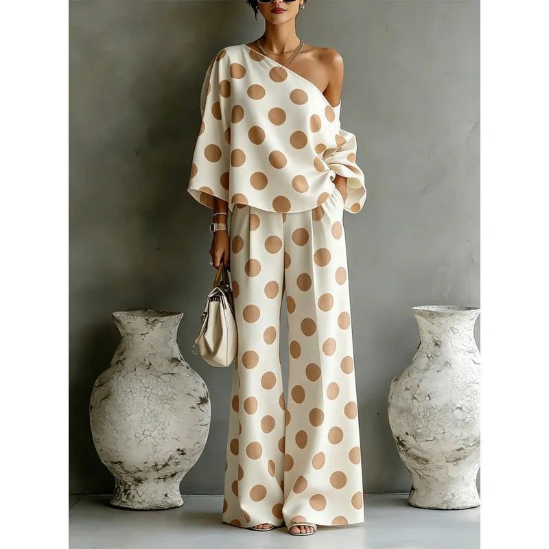 Bohemian Fashion Polka Dot Print Two-piece Set Woman's Foreign Style Slant Collar Top+wide Leg Pants Suit Lady Loose Fit Outfit