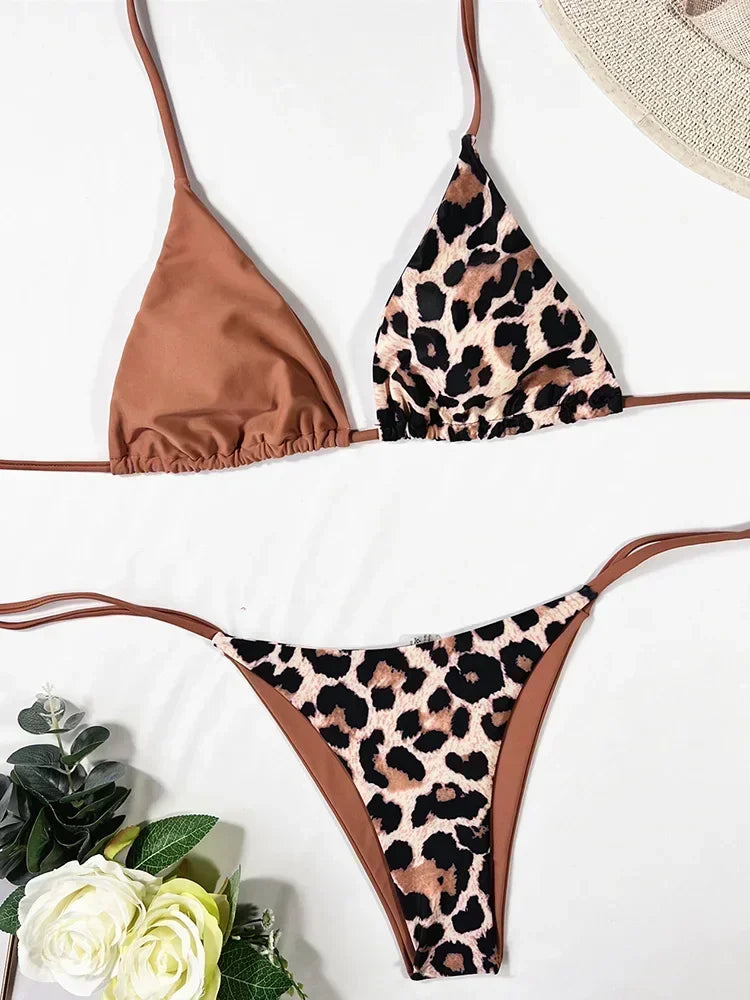 Halter Splicing Leopard Bikinis 2026 Satin Bikini Female Swimsuit Women Swimwear.