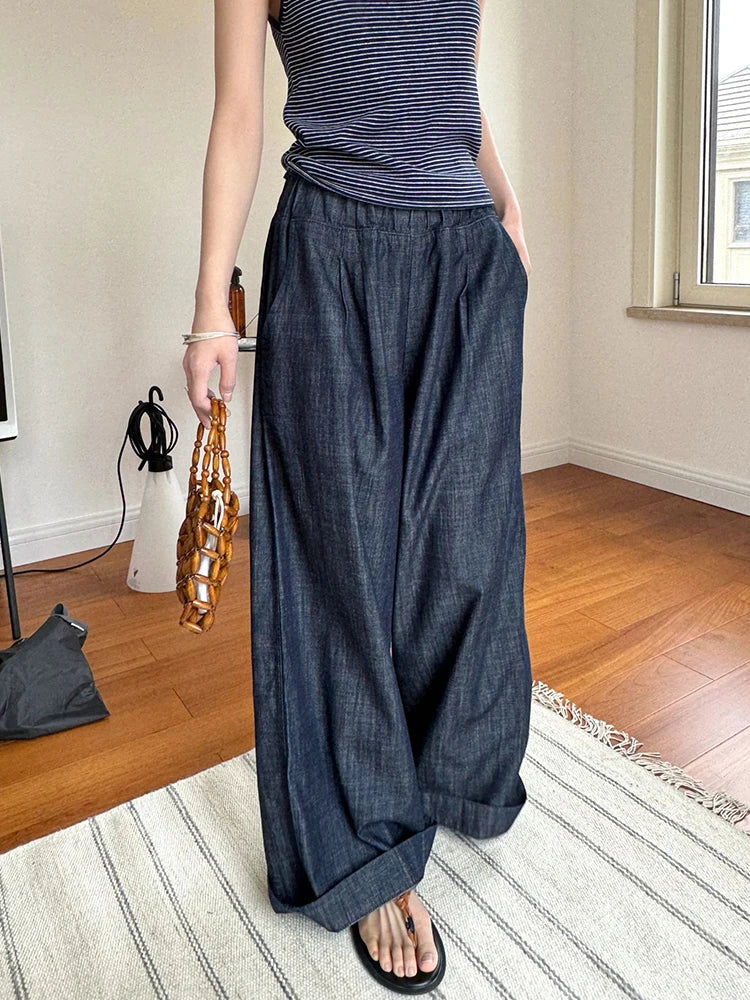 [LANMREM] Vintage Elastic High Waist Jeans For Women Straight Wide Leg Denim Pants Sunscreen Trousers 2024 Summer New 26D9421