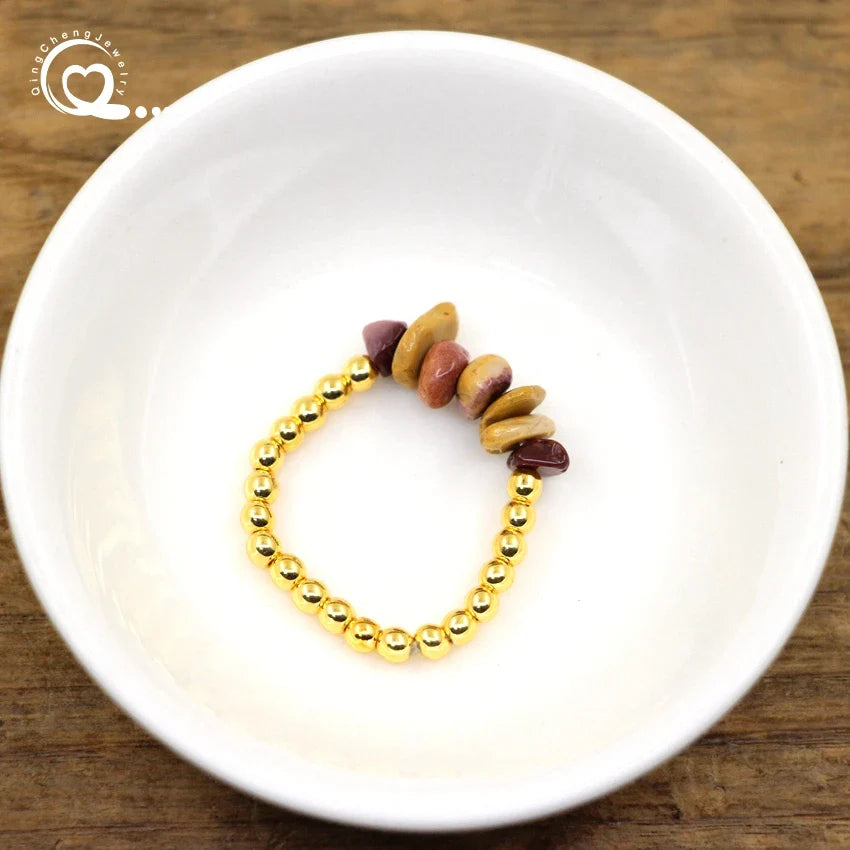 Healing Crystal Chip Stackable Rings Golds Brass Round Beads Natural Stone Gravel Stretchy Ring Fashion Women Jewelry,QC4218