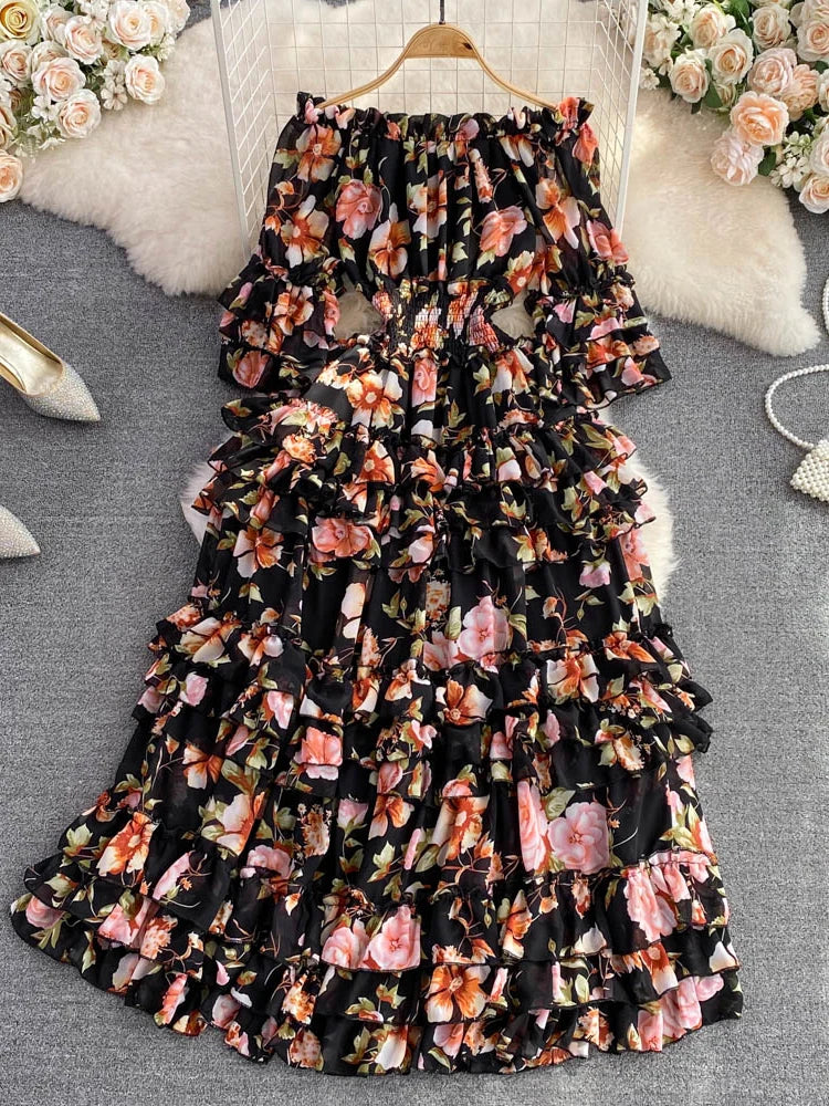Summer New Off Shoulder  Wrap Waist to Show Thin A-line Fragmented Cake Dress Women's Beach Vacation Chiffon Long Dress GD820