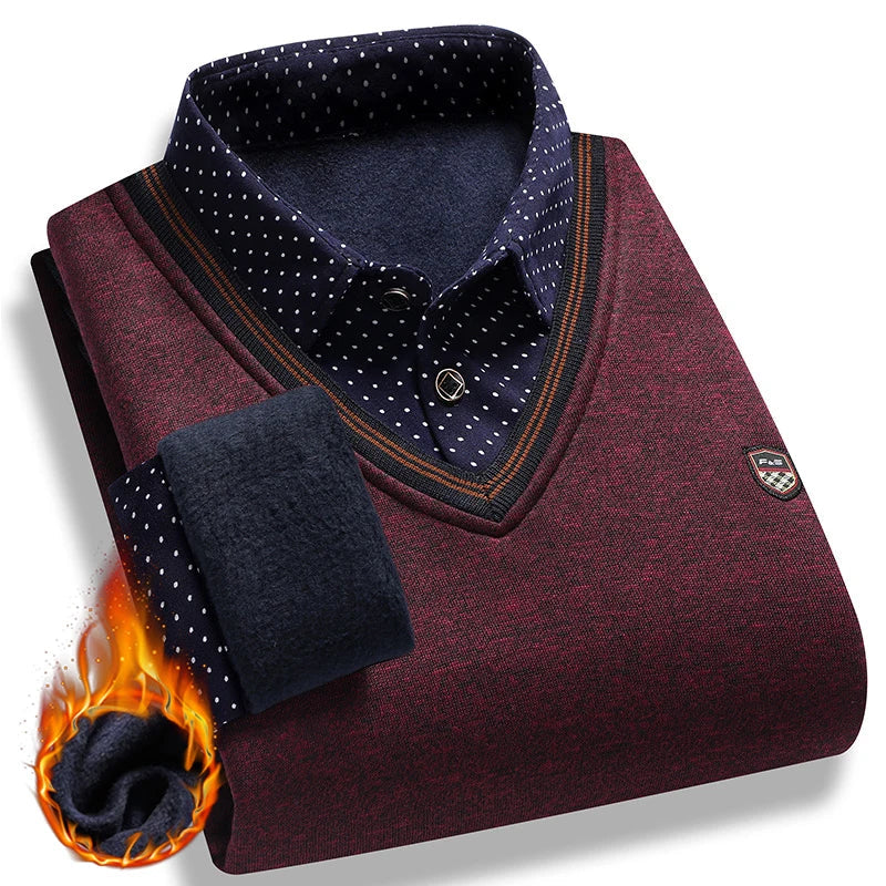 Men Fleece Lining Sweater Autumn Winter Pullover, Polo Shirt Collar Fake Two Piece Casual Knitwear.