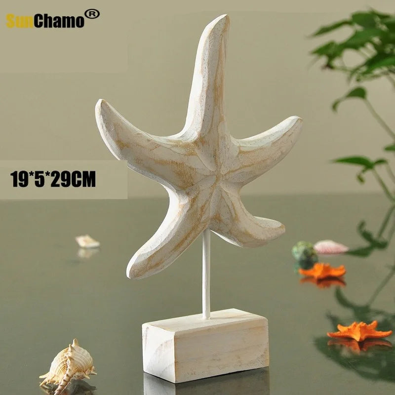 Mediterranean Style Home Decoration Accessories Wooden Crafts Starfish Conch Hippocampus Wood Carving Marine Living Room Decor