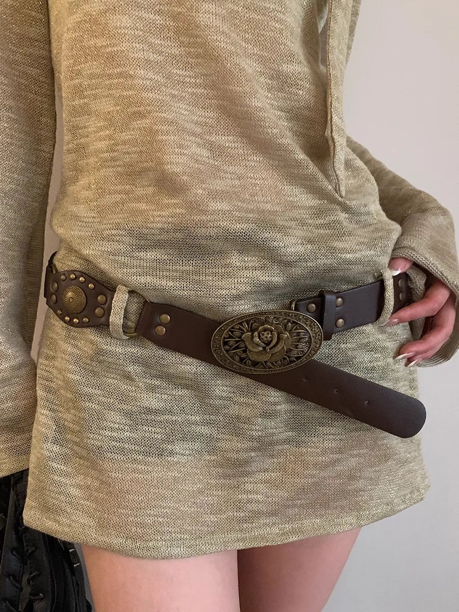 N Retro Ethnic Belt Y2K Bohemian Dress With a Wide Brown Belt