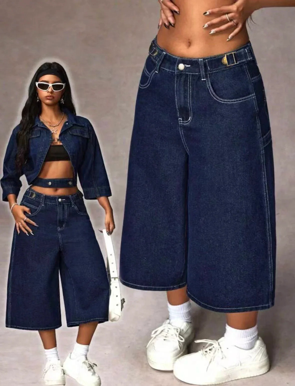 Retro Dark Blue Adjustable Buckle Capri Jeans