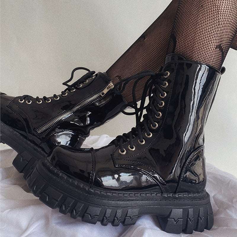 New Women Boots Luxury Zip Brand Design Black Punk Goth Platform Chelsea Fashion Fighting Lace-up Bike Buty Damskie