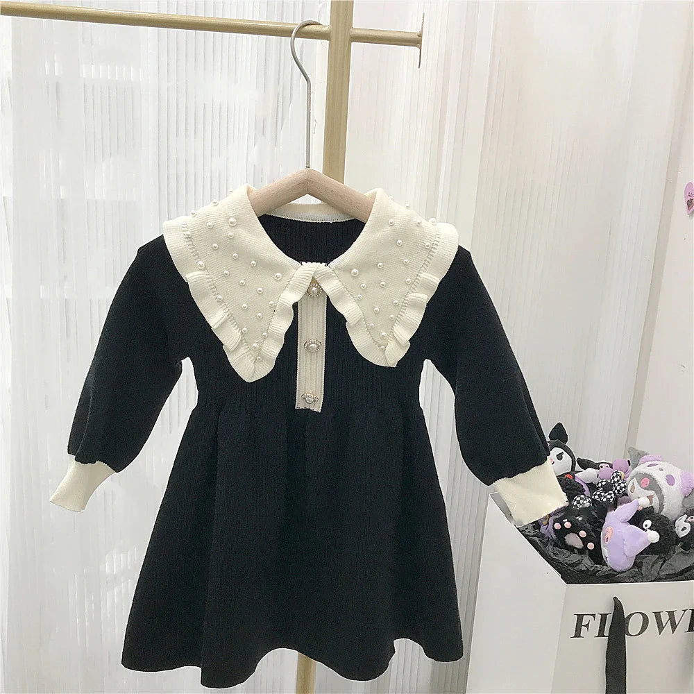 Kids Merry Christmas Pearl Beading Peter Pan Collar Long Knitted Sleeve Outfit