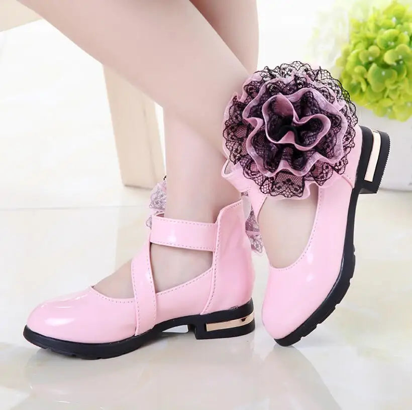 Girls High Heel Princess Flower Shoes, Fashion Children Shoes Leather Girls.