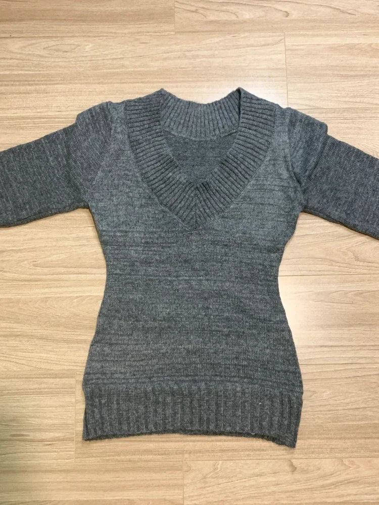 Autumn Winter Woman Gyaru Coquette V-neck French Vintage Sweater Long Sleeve Pullovers Knitwears 2000s Aesthetic Old Money Thick
