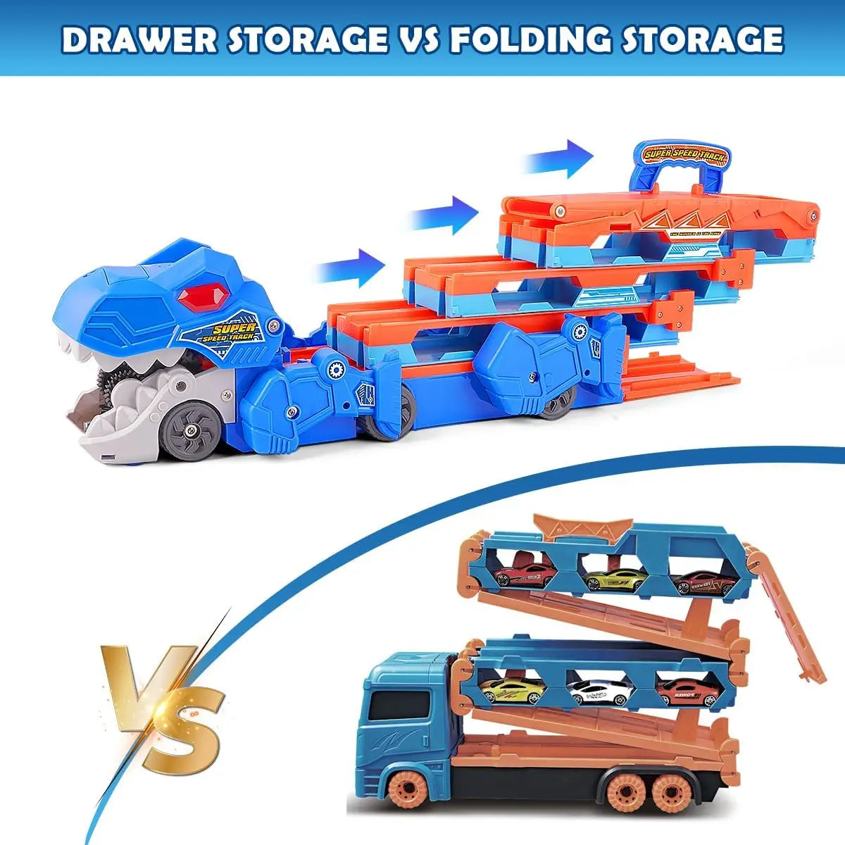 VATOS Dinosaur Transport Truck Car Toy 2 In 1 Ejection Folding Track Toy With Sound Portable 8 Race Cars Set for Kids Boys Gift
