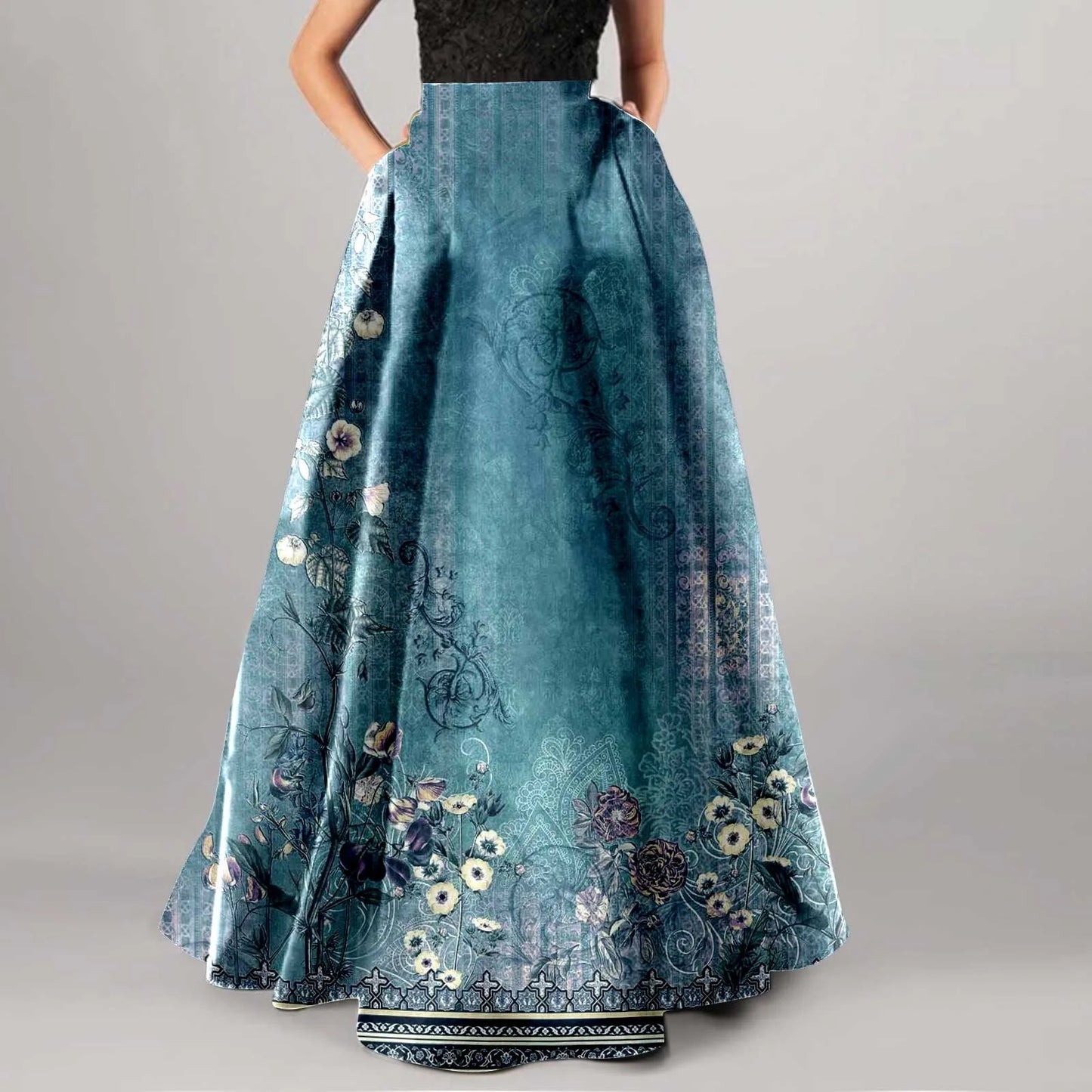Vintage Floral Print Maxi Skirt High Waist Party Beach Long Skirts Spring Summer Casual Pocket Skirt For Women Elegant Vestidos
